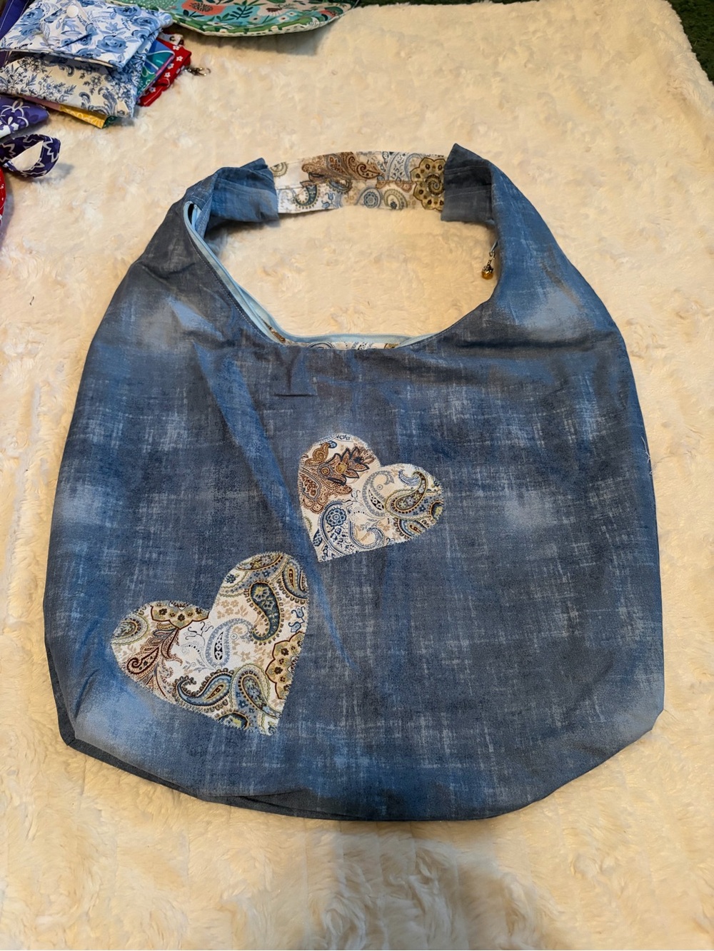 Handmade Quilted Hobo Tote Bag Paisley Heart Appliqué